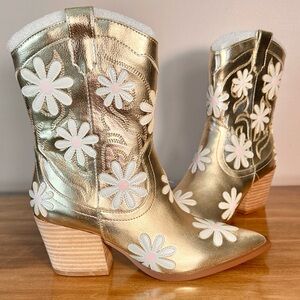 Betsey Johnson Gold Boots with White Floral Appliqué